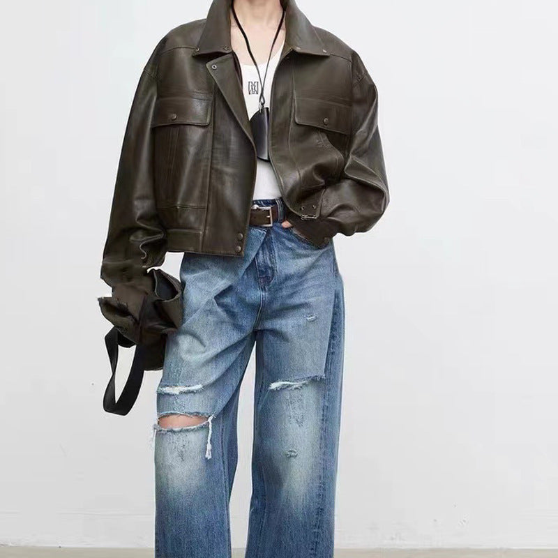 Women’s Sheepskin Retro Casual Leather Short Jacket