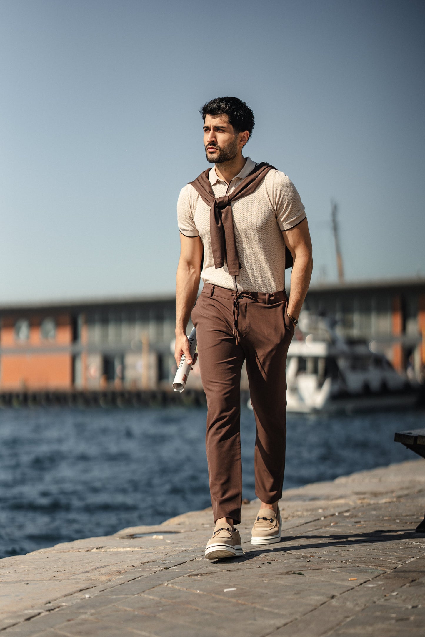 Beige Men’s Special Design Knit Fabric Polo