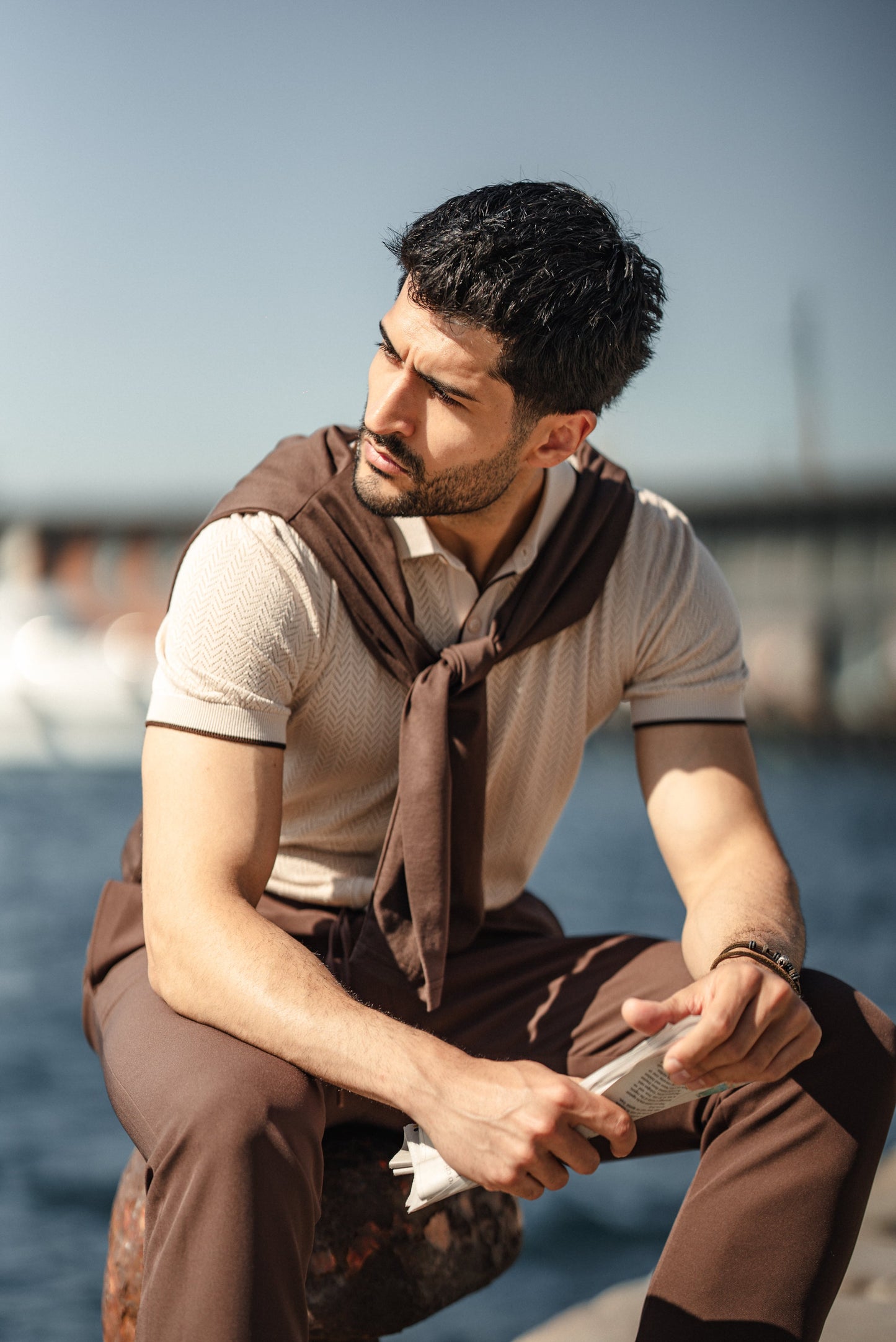 Beige Men’s Special Design Knit Fabric Polo