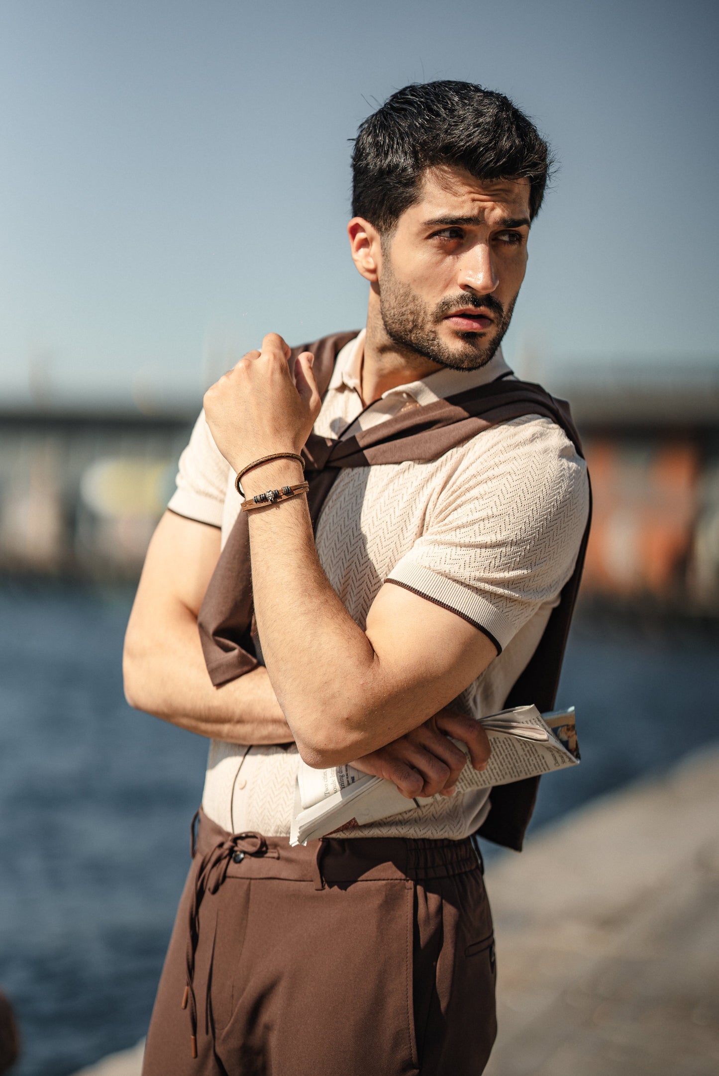 Beige Men’s Special Design Knit Fabric Polo
