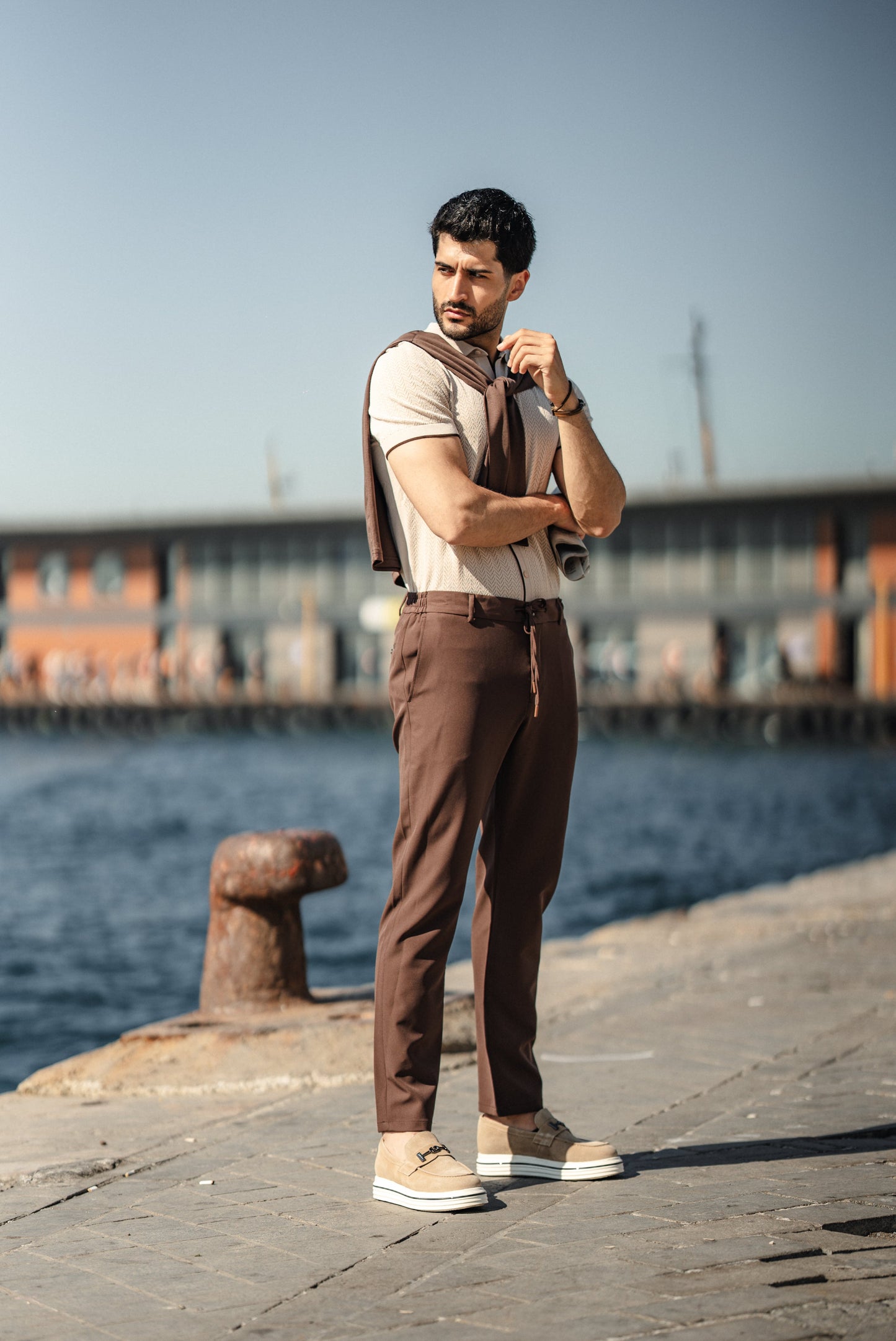 Beige Men’s Special Design Knit Fabric Polo