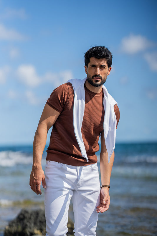 Brown Men’s Special Design Knitted Fabric Polo