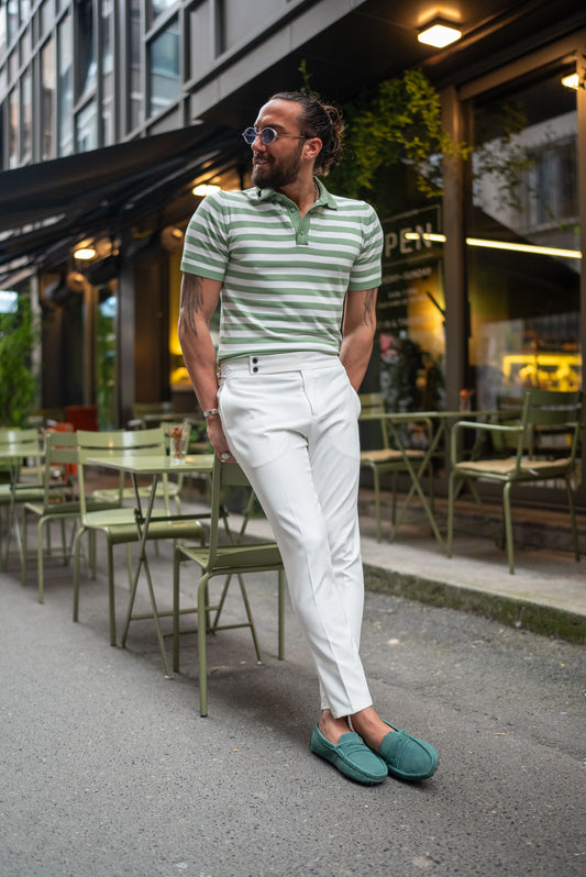 Men's Green Striped Knit Polo Shirt