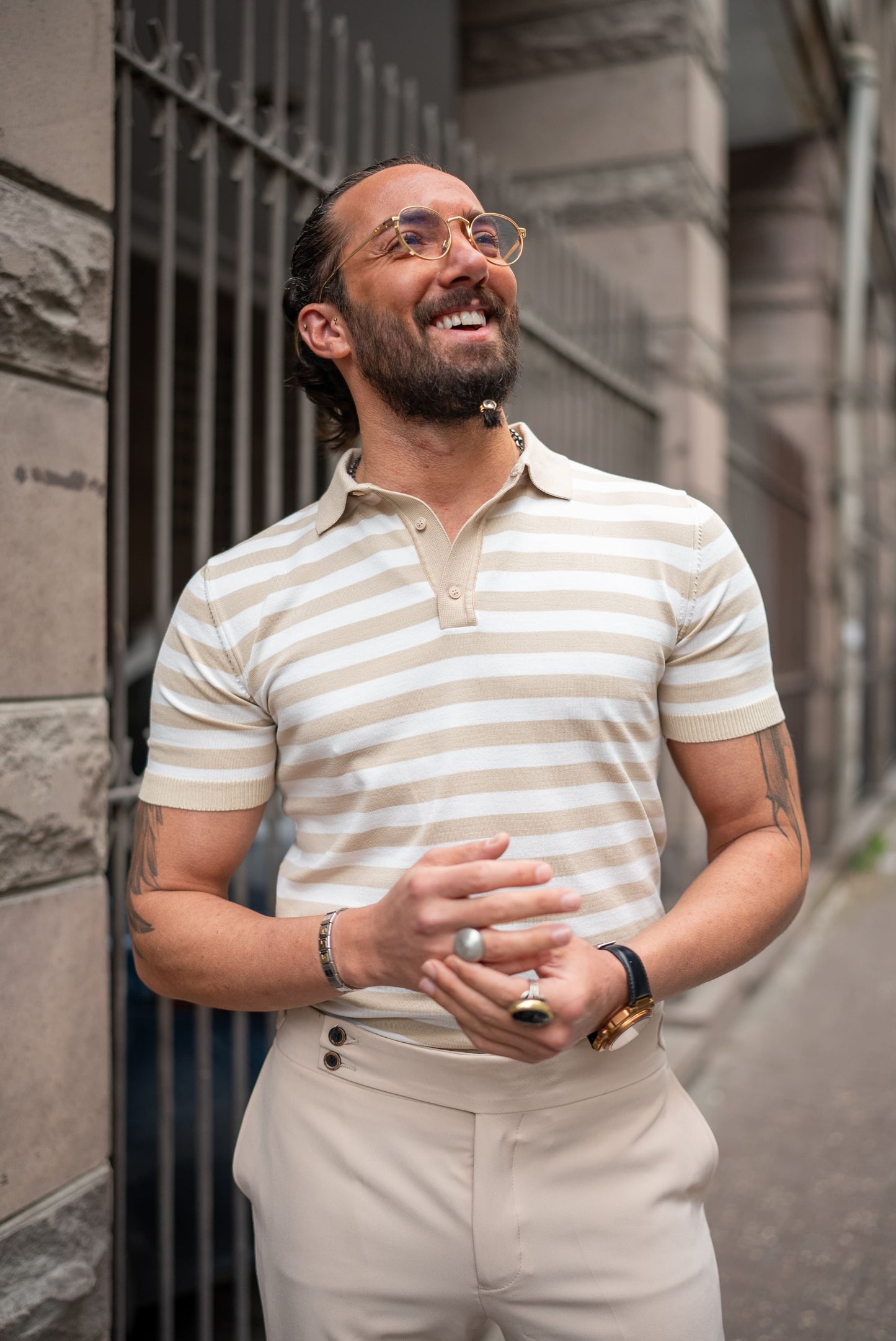 Men's Beige Striped Knit Polo Shirt