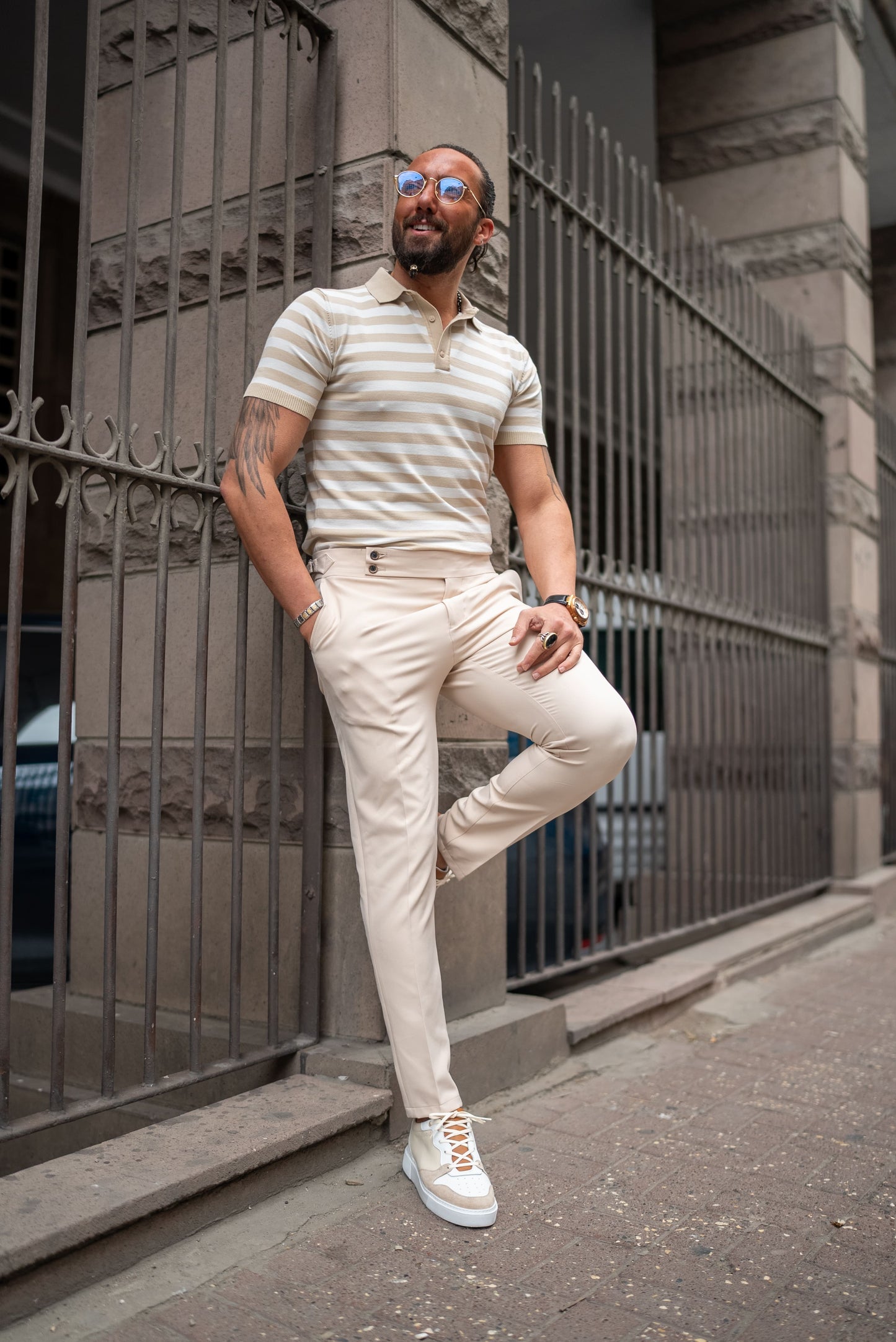 Men's Beige Striped Knit Polo Shirt