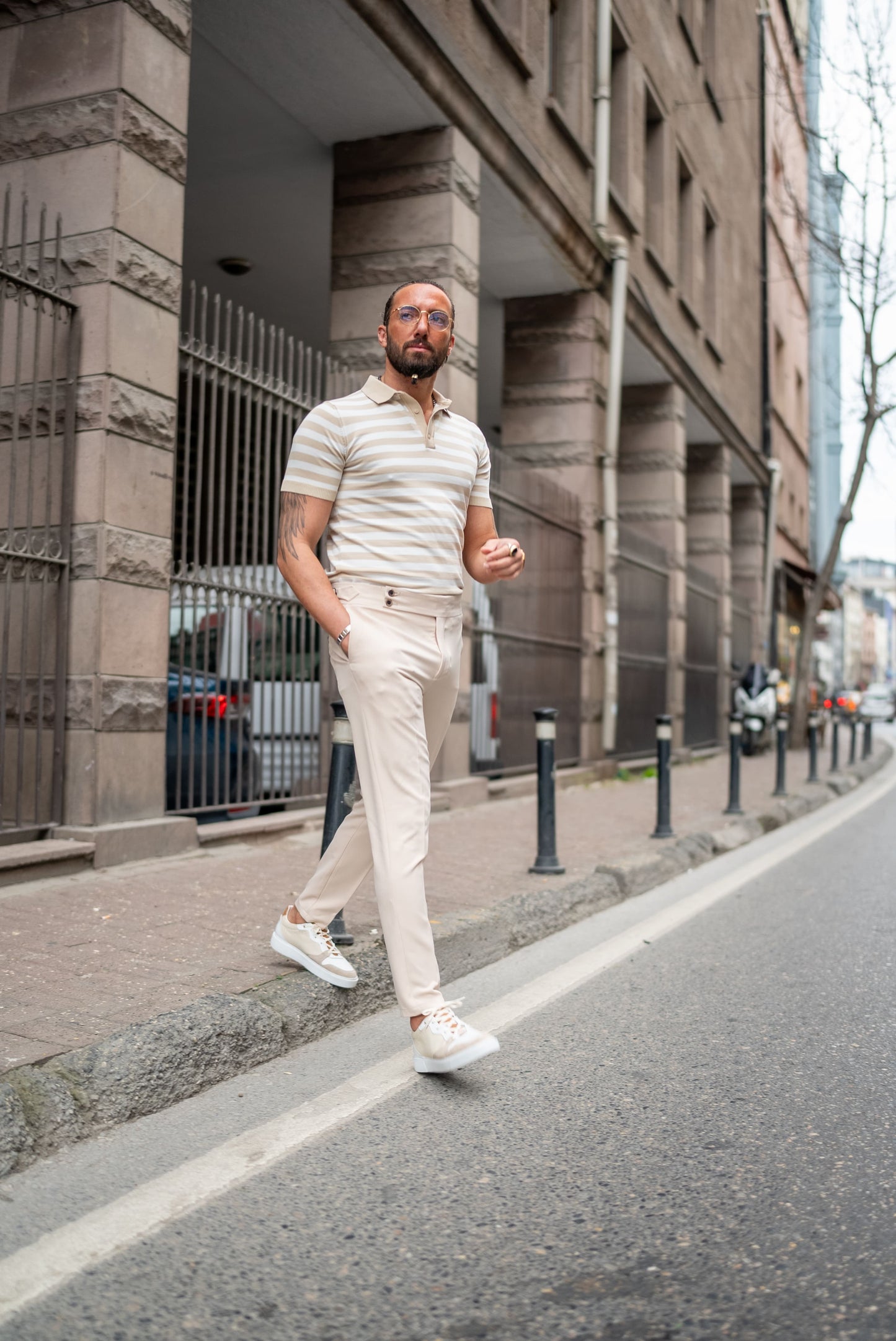 Men's Beige Striped Knit Polo Shirt