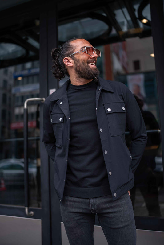 Black Cotton Blend Twill Point Collar Jacket