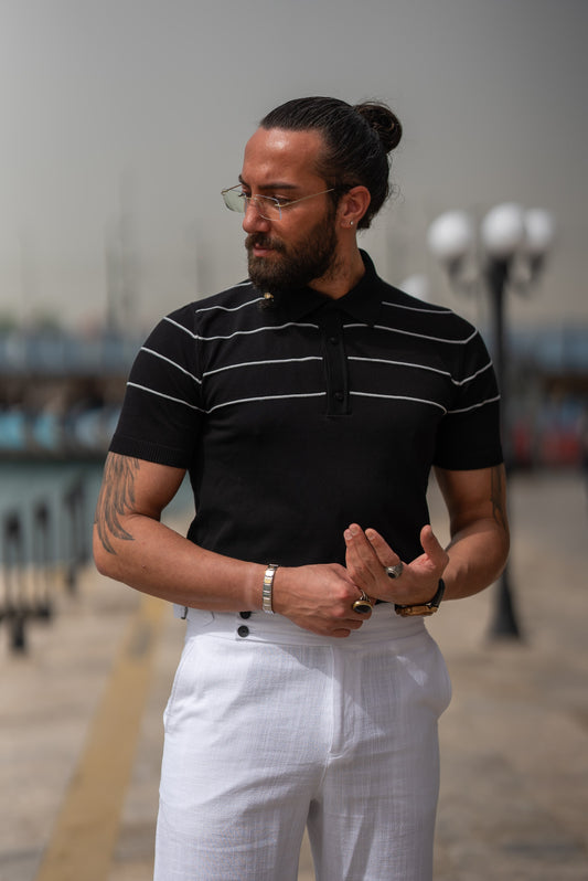 Regular Fit Black and White Stripe Knit Polo Shirt