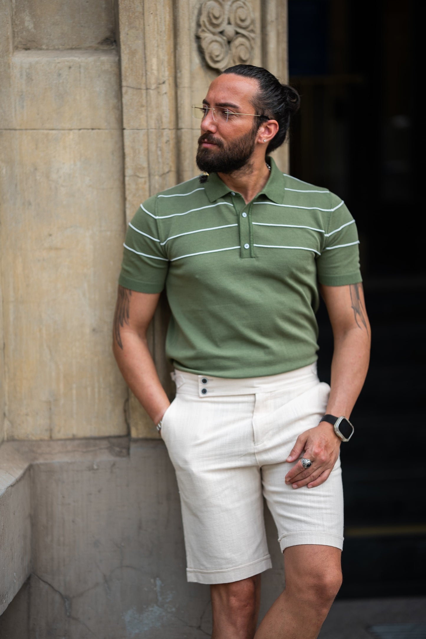 SuitLegacy Men's Olive Green Striped Knit Polo Shirt
