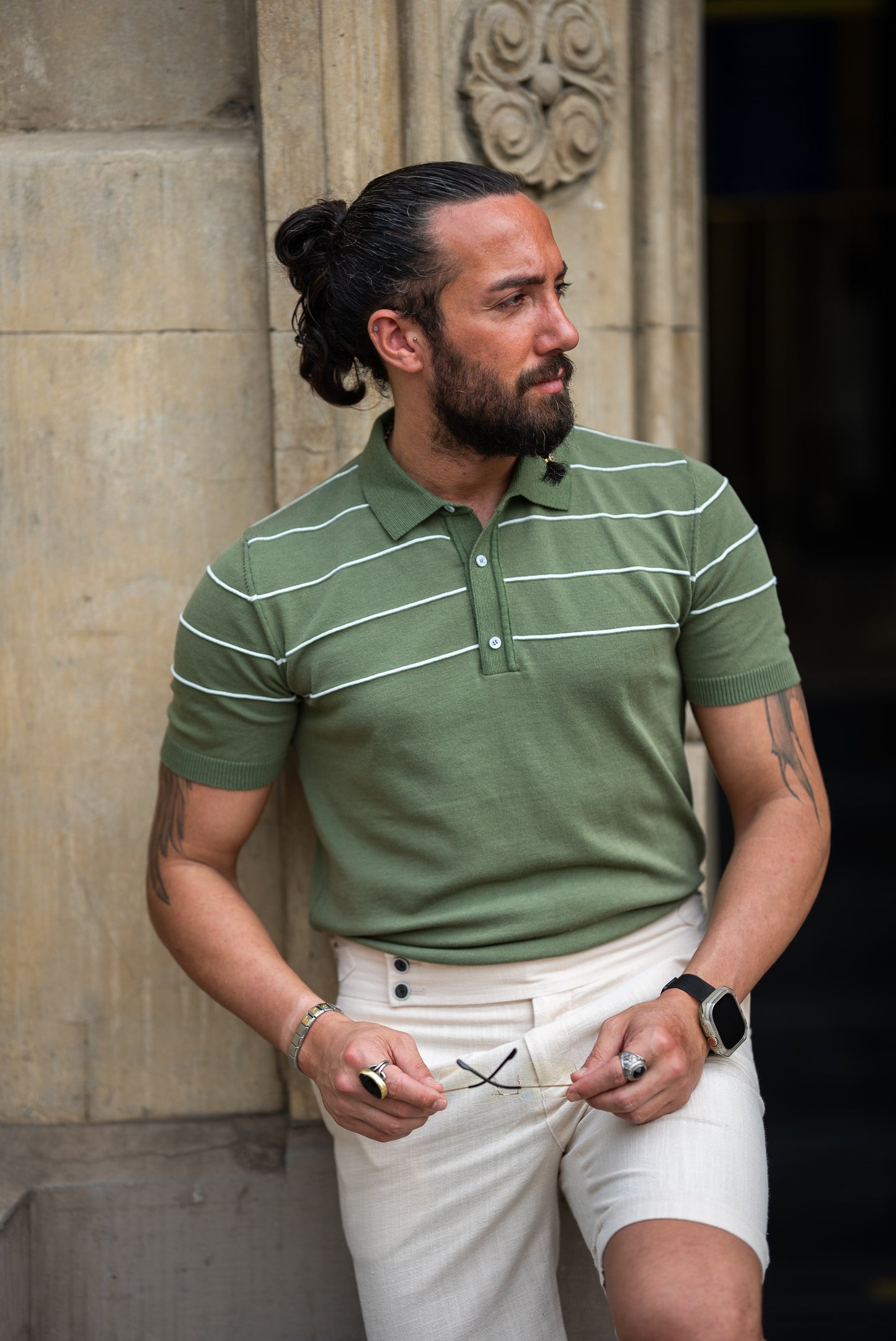 SuitLegacy Men's Olive Green Striped Knit Polo Shirt