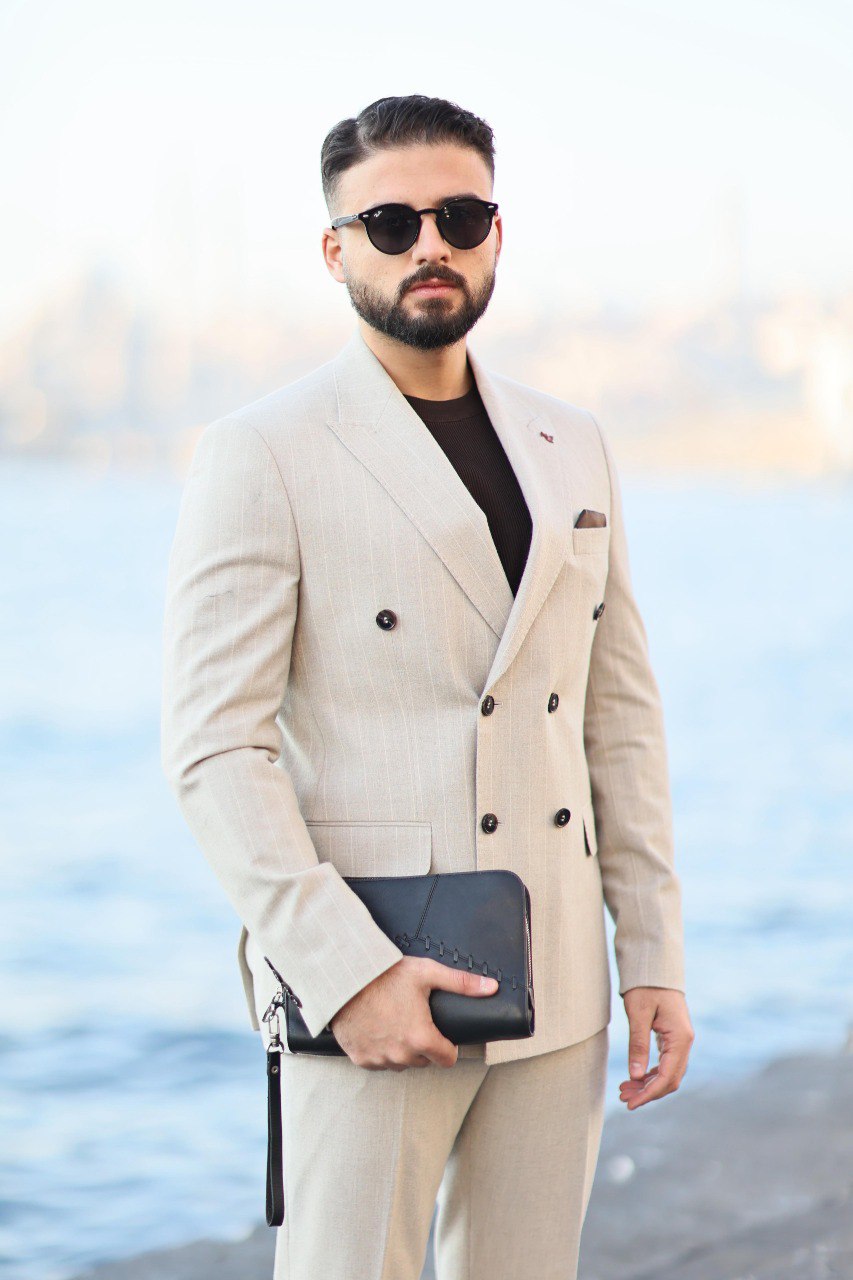 Men's Slim Fit Beige Pinstripe Double-Breasted Suit