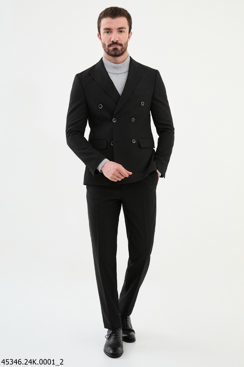 Men's Slim Fit Black Double-Breasted Pinstripe Suit