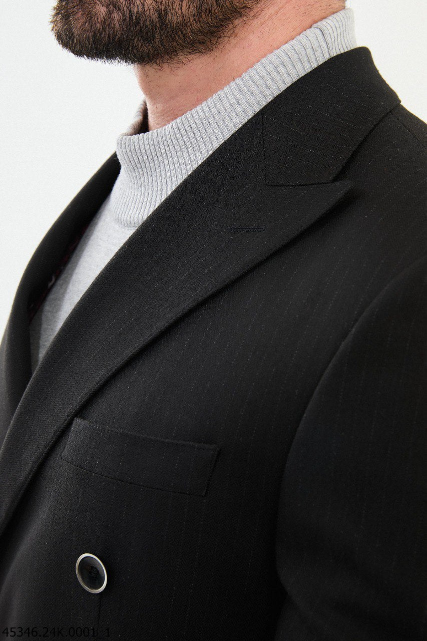 Men's Slim Fit Black Double-Breasted Pinstripe Suit