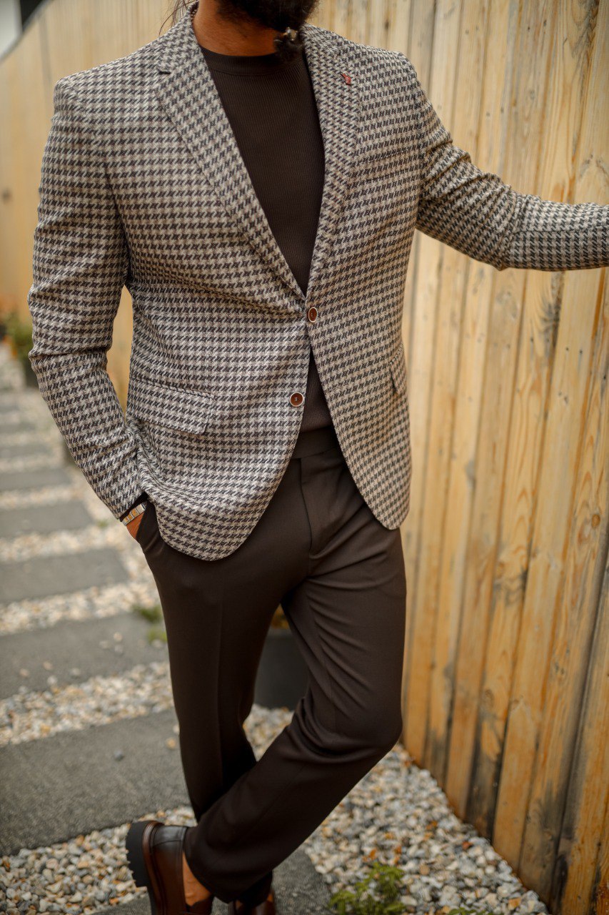 Men's Slim Fit Brown Houndstooth Suit
