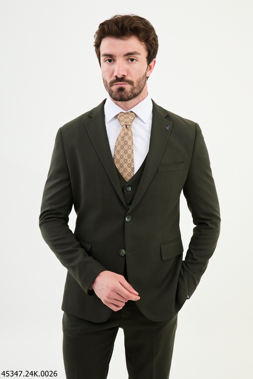 Men's Slim Fit Dark Olive Green Three-Piece Suit