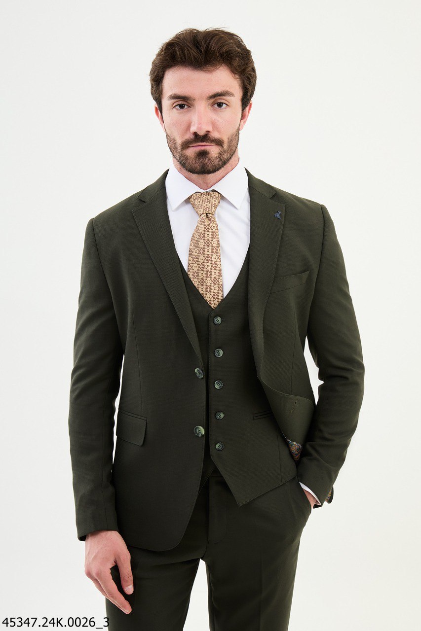 Men's Slim Fit Dark Olive Green Three-Piece Suit