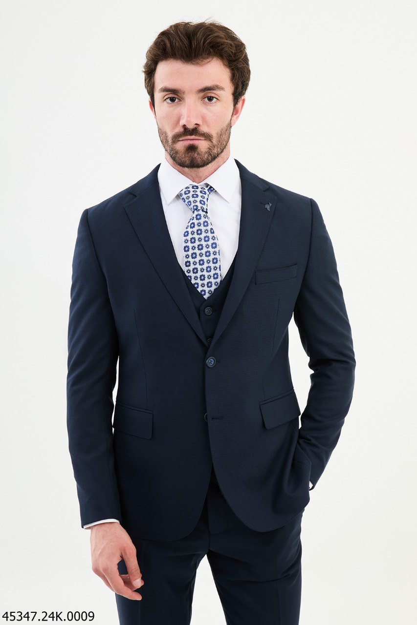 Men's Slim Fit Deep Navy Textured Three-Piece Suit