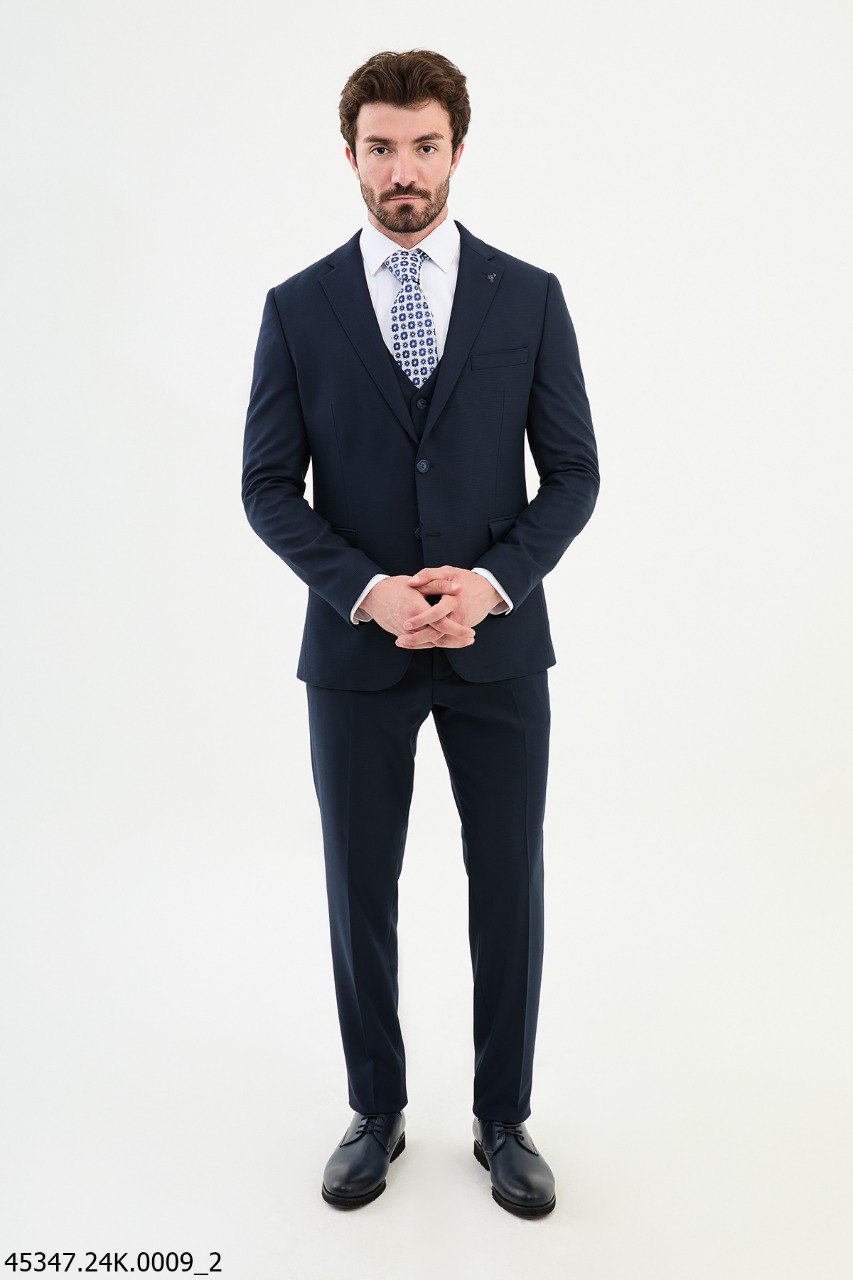 Men's Slim Fit Deep Navy Textured Three-Piece Suit