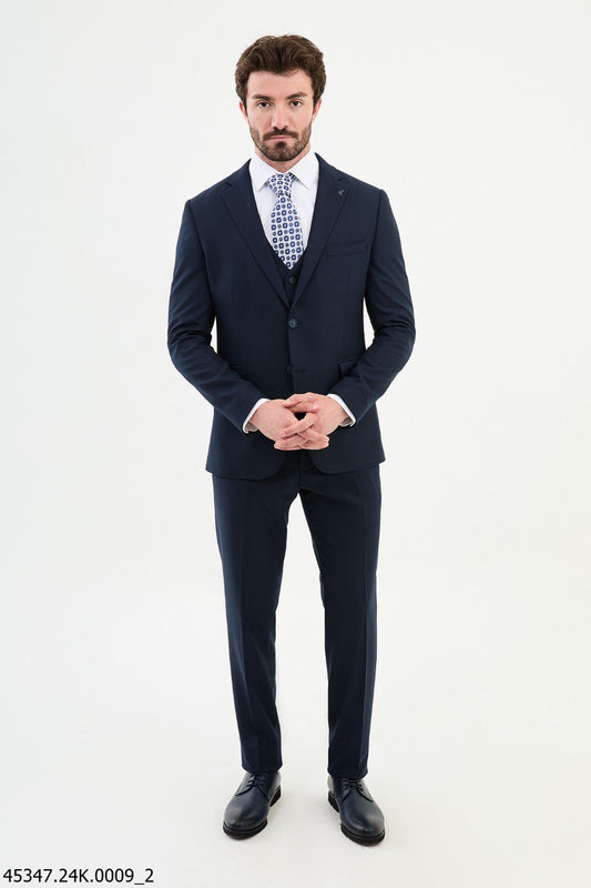 Men's Slim Fit Deep Navy Textured Three-Piece Suit
