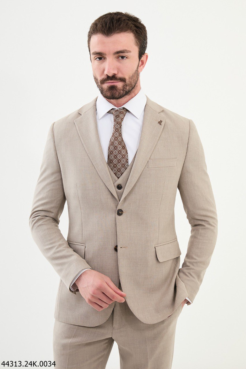 Men's Slim Fit Light Beige Three-Piece Suit