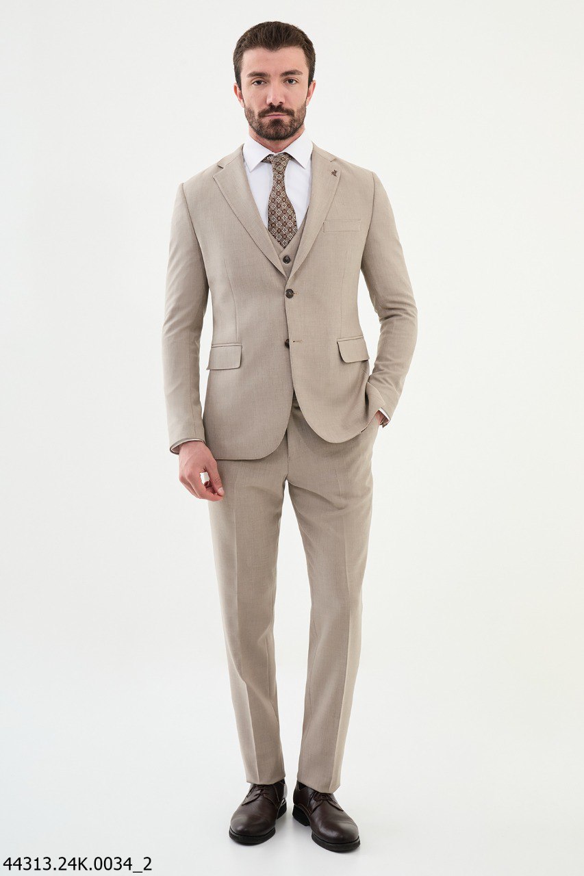 Men's Slim Fit Light Beige Three-Piece Suit