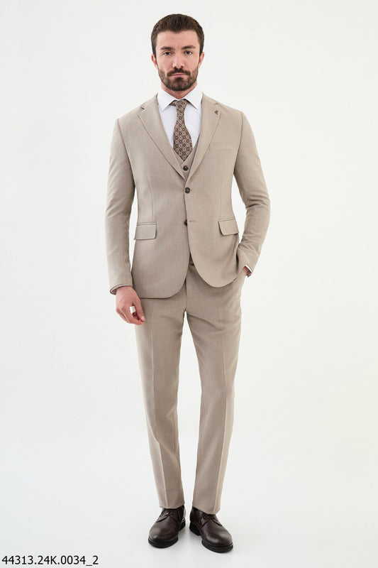 Men's Slim Fit Light Beige Three-Piece Suit