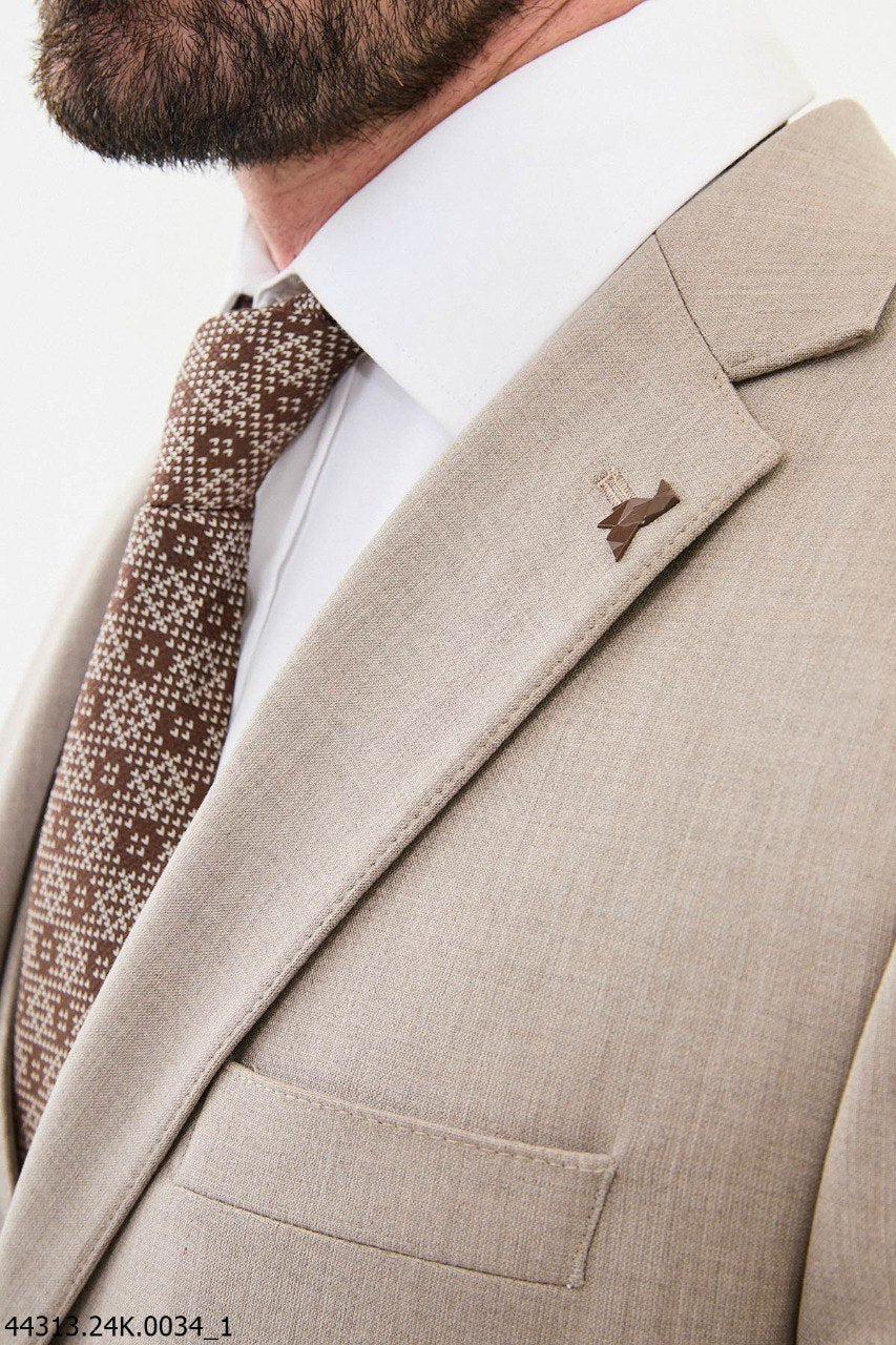 Men's Slim Fit Light Beige Three-Piece Suit