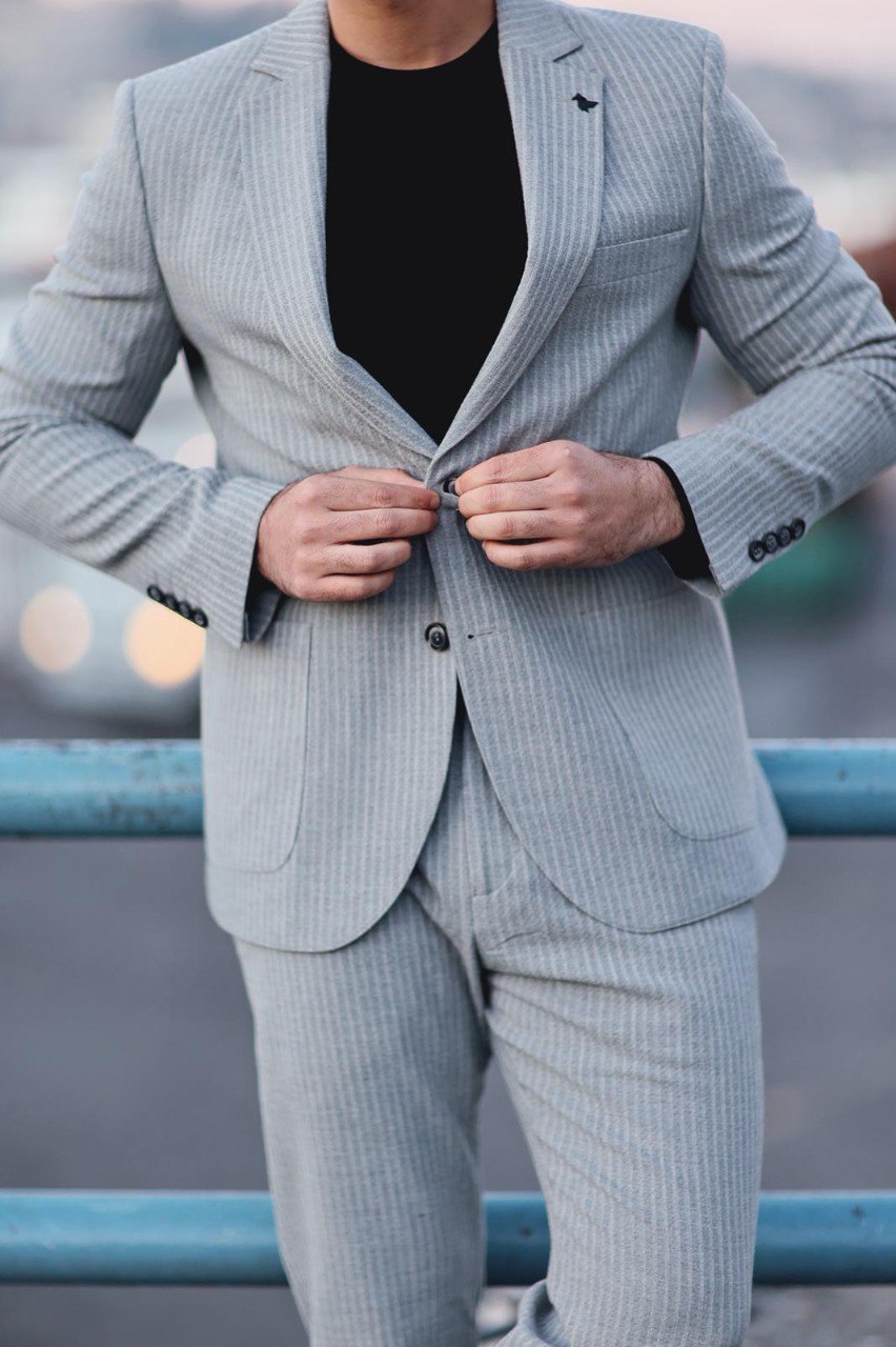 Men's Slim Fit Light Gray Pinstripe Sport Suit | Casual Tailored Suits