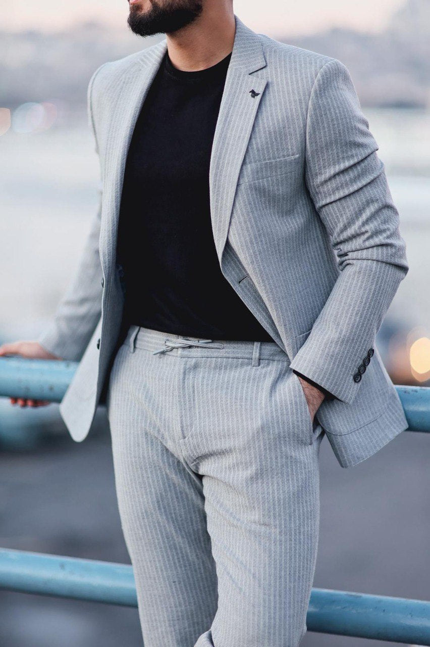 Men's Slim Fit Light Gray Pinstripe Sport Suit | Casual Tailored Suits