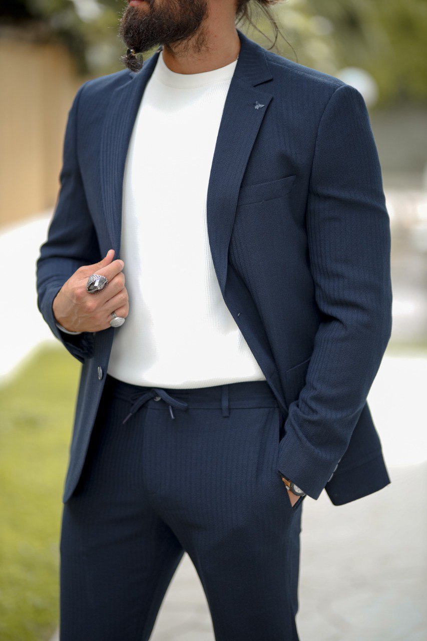 Men's Slim Fit Navy Blue Seersucker Sport Suit