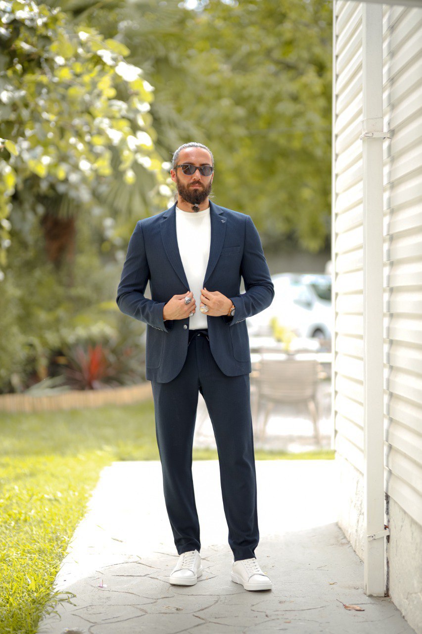 Men's Slim Fit Navy Blue Seersucker Sport Suit