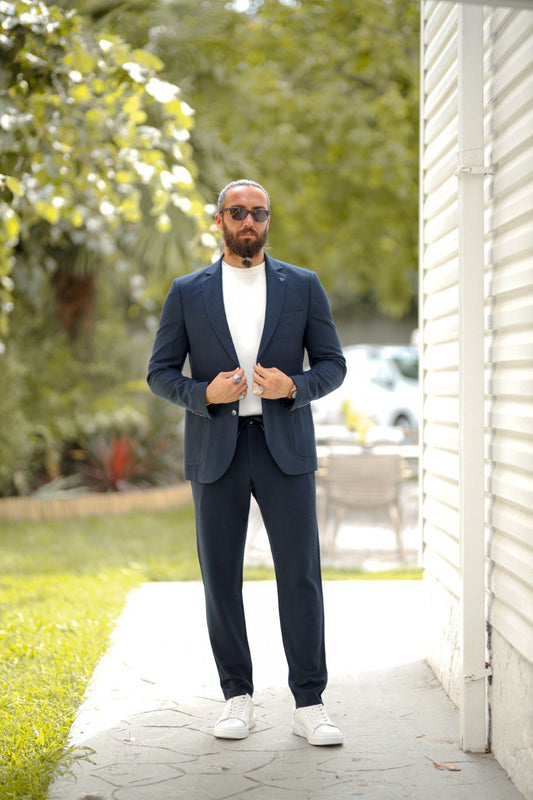 Men's Slim Fit Navy Blue Seersucker Sport Suit