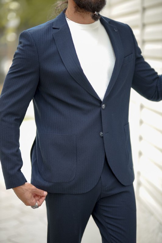 Men's Slim Fit Navy Blue Seersucker Sport Suit