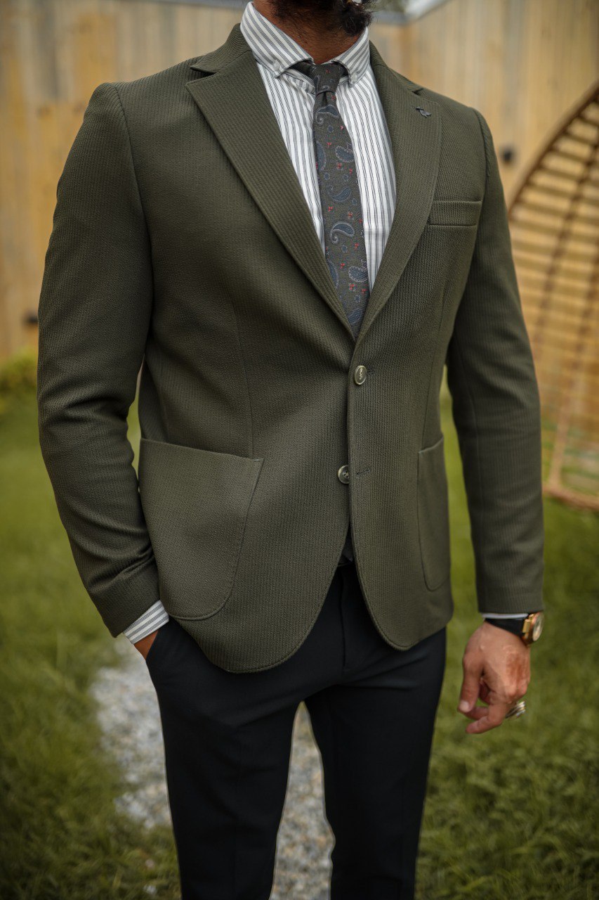 Men's Slim Fit Olive Green Textured Suit