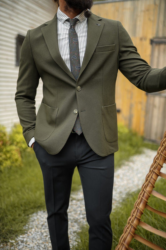 Men's Slim Fit Olive Green Textured Suit