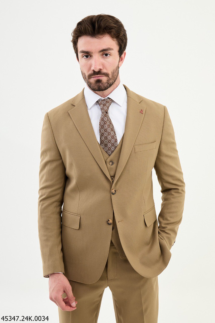 Men's Slim Fit Tan Micro-Texture Three-Piece Suit
