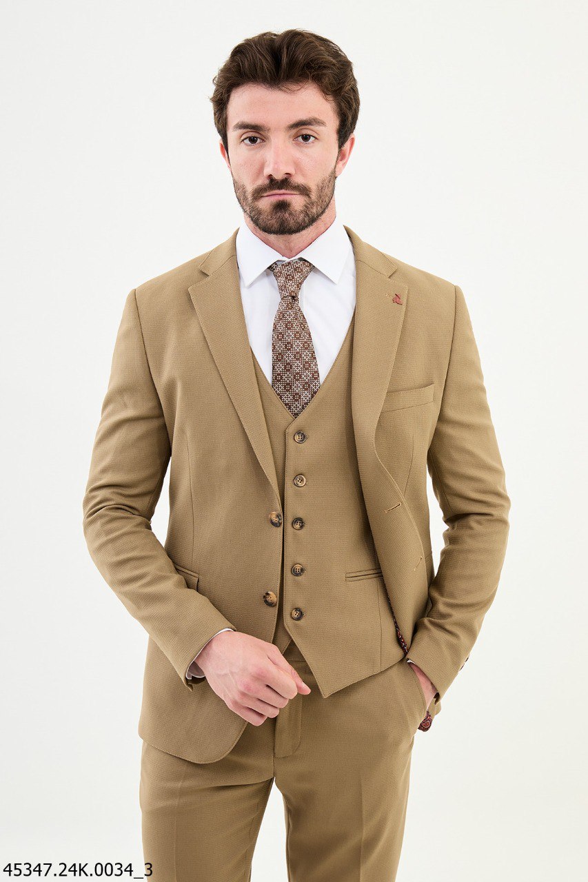 Men's Slim Fit Tan Micro-Texture Three-Piece Suit