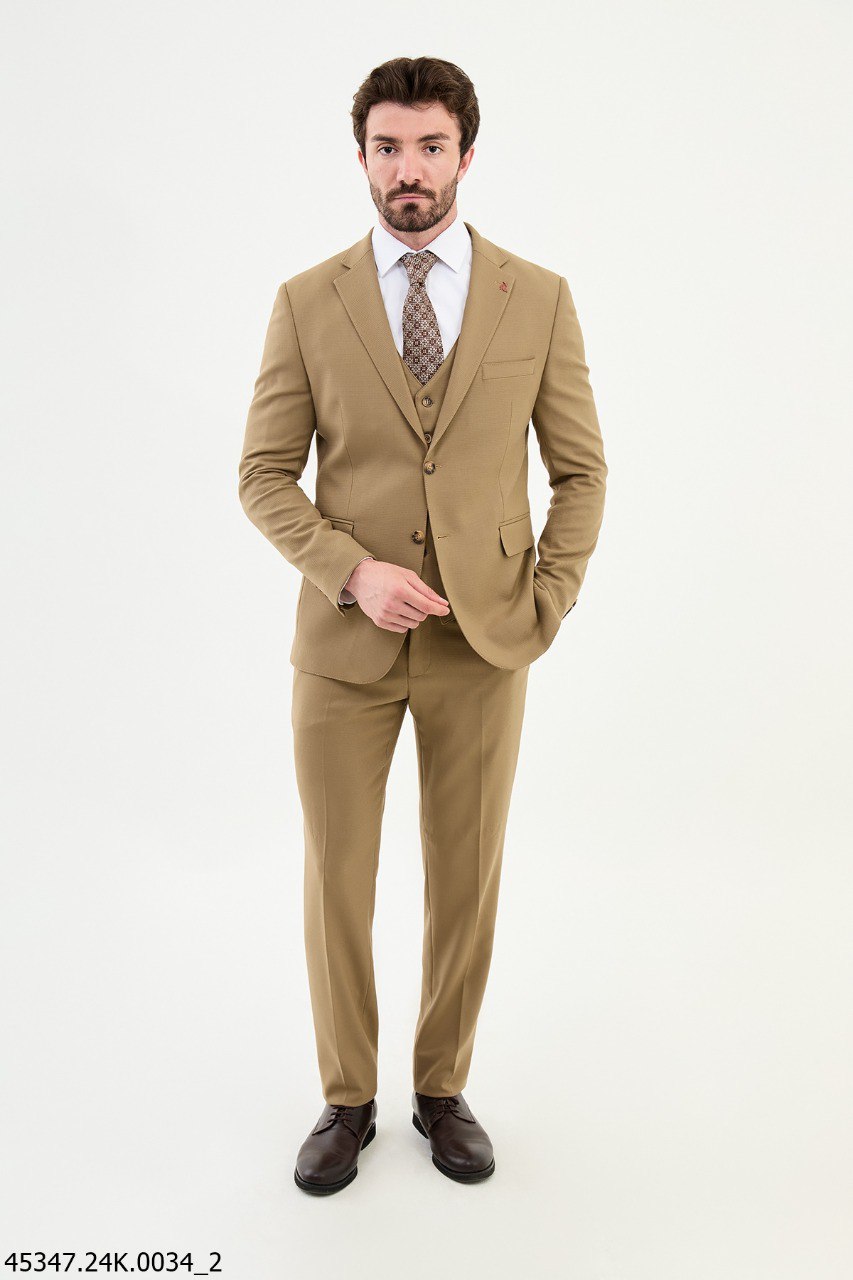 Men's Slim Fit Tan Micro-Texture Three-Piece Suit
