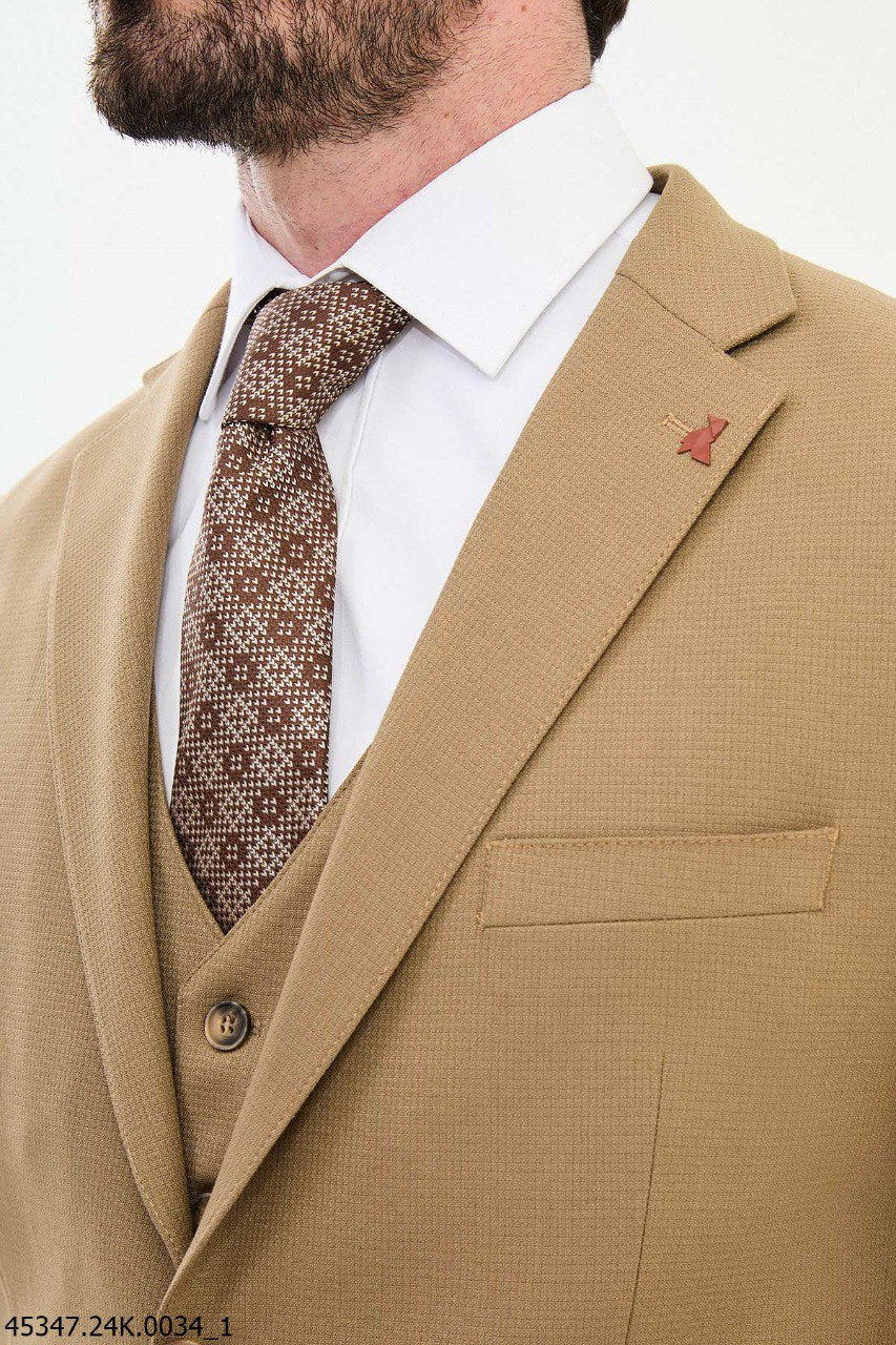Men's Slim Fit Tan Micro-Texture Three-Piece Suit
