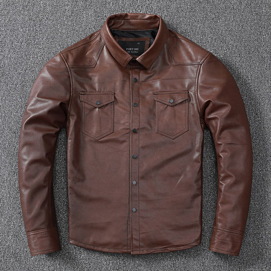 Men’s Brown Sheepskin Leather Shirt Jacket