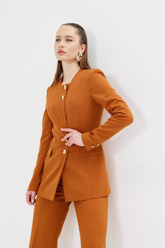 SuitLegacy Gold Buttoned Square Collar Women Suit