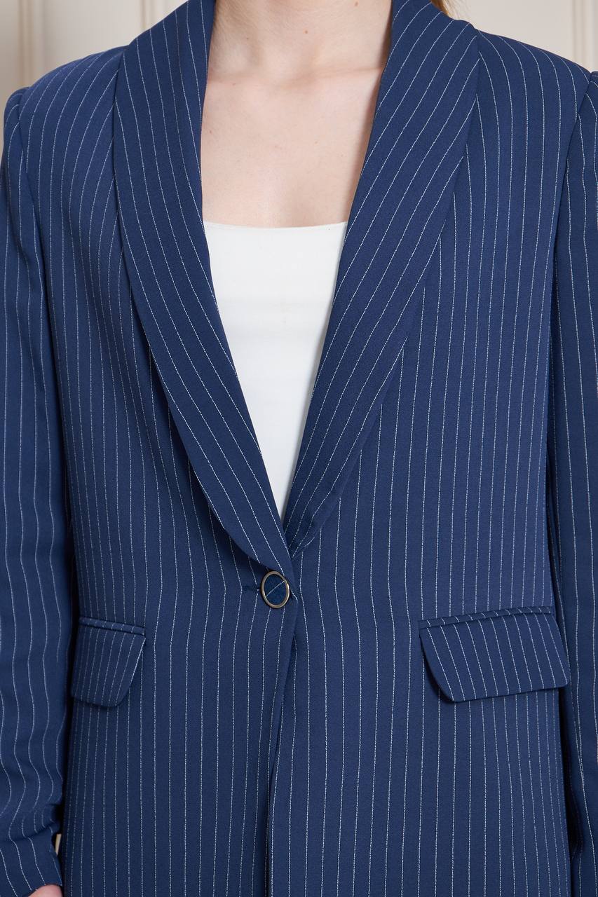 SuitLegacy Women’s Navy Blue Shawl Collar Striped Crepe Suit