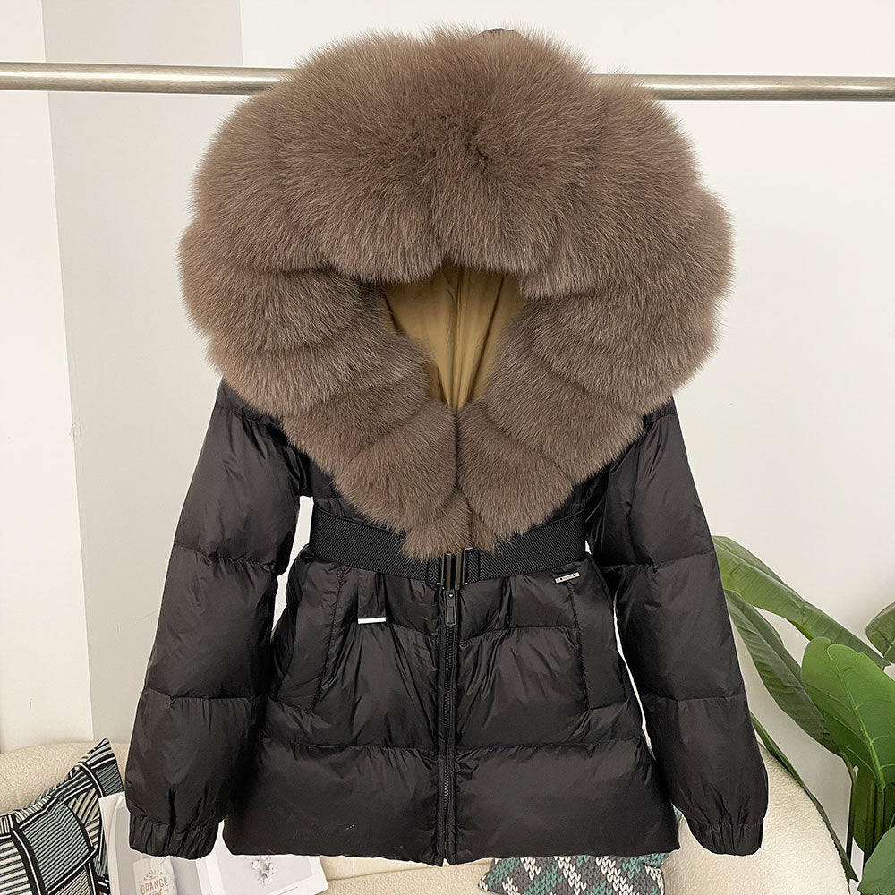 Oversized Fox Fur Collar Duck Down Jacket - Brown