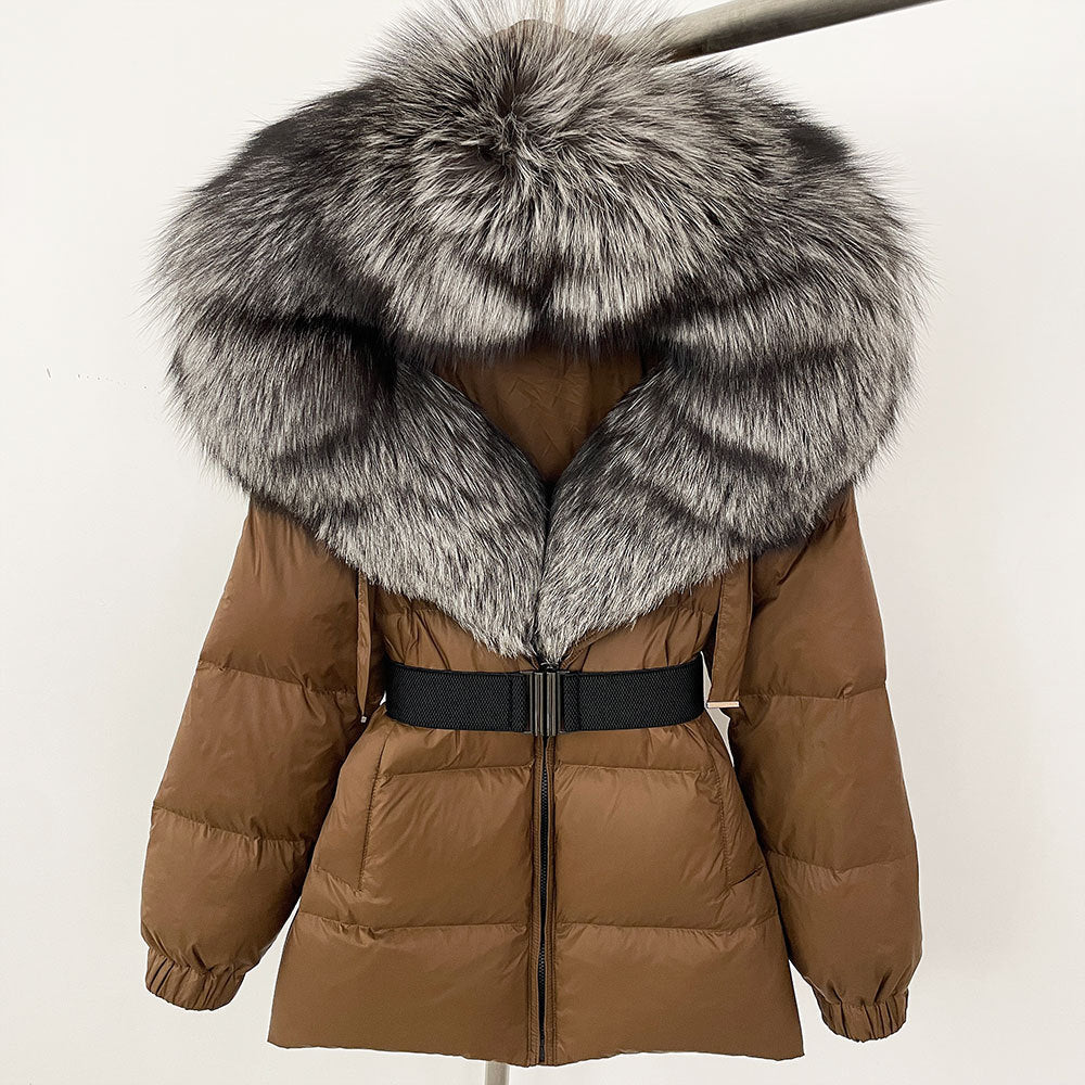 Oversized Fox Fur Collar Duck Down Jacket - Brown