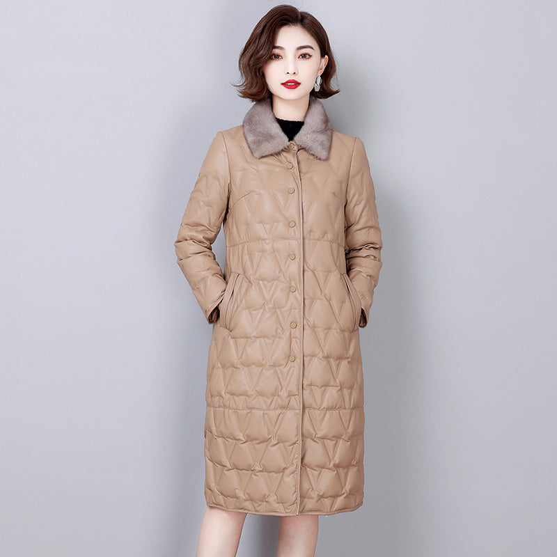 Slim Sheep Skin Leather Coat with Mink Fur Collar