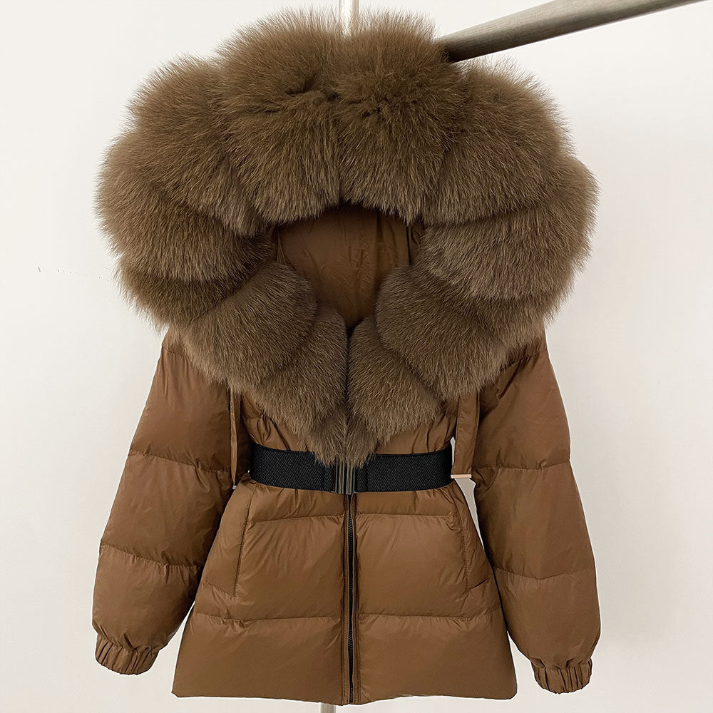 Oversized Fox Fur Collar Duck Down Jacket - Brown