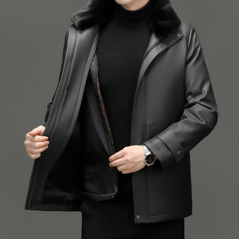 Men's Detachable Mink Cashmere Lined PU Leather Jacket