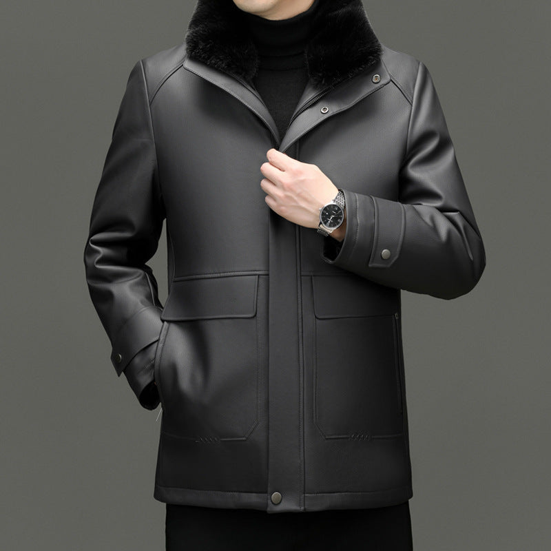 Men's Detachable Mink Cashmere Lined PU Leather Jacket