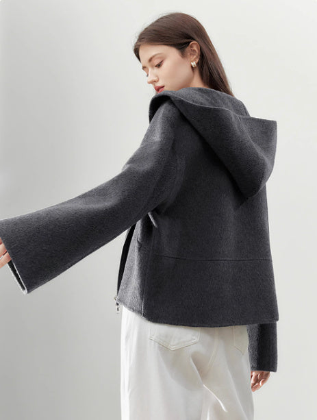 Women’s Gray Hooded Double-faced Wool Short Coat