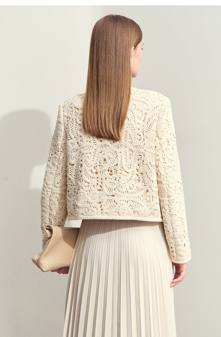 Women’s Light Apricot Cotton Crocheted Round Neck Coat